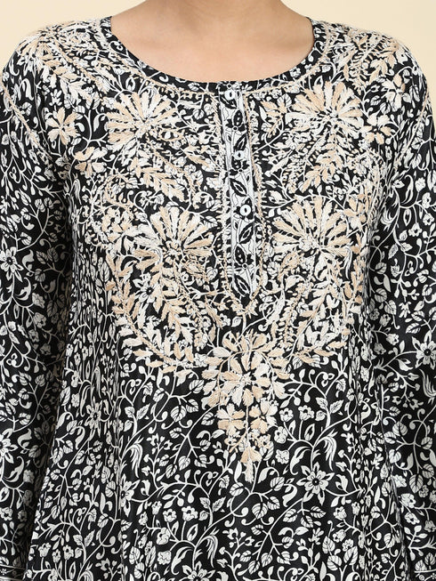 Samma Chikankari Co-ord set in Polysilk for Women- Black With Golden